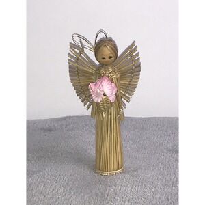 Vintage Scandinavian Straw Angel Christmas Ornament With Flower Wooden Face‎